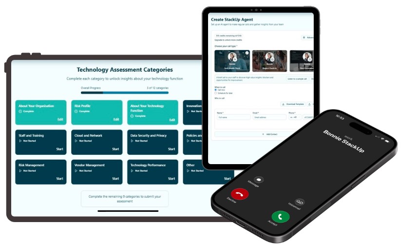 The StackUp assessment on a tablet beside an agent set-up screen and an incoming call on a phone.