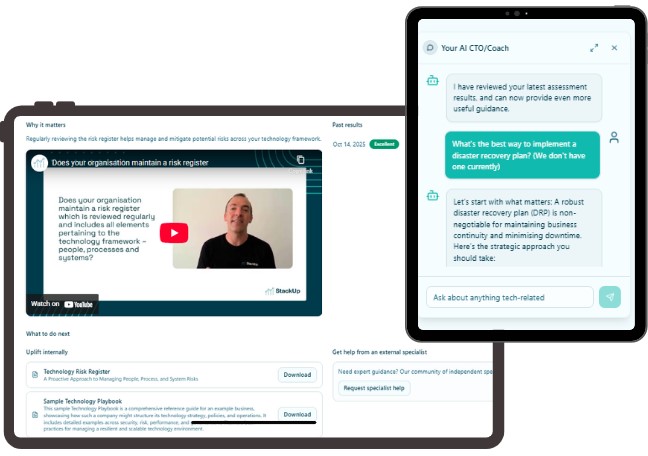 The StackUp improvement tools: templates, AI CTO guidance and independent expert support.