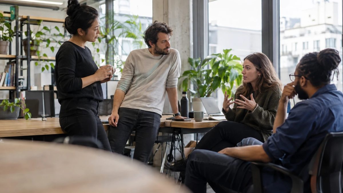 Four colleagues talking around a shared desk, one of them mid-explanation while the others listen.